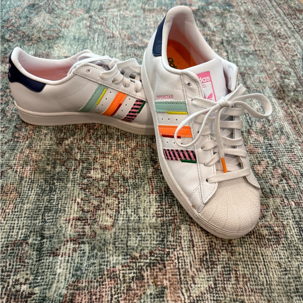 Adidas Superstar White Sneakers with Multicolor Stripes